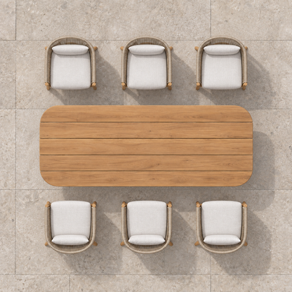 Ripple teak dining set, complete overhead view on a stone terrace