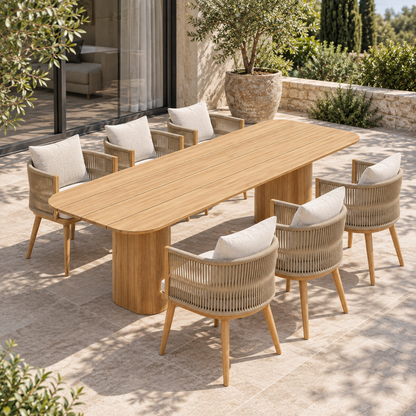Lifestyle view: Ripple teak dining set, opposite left diagonal on a furnished home terrace