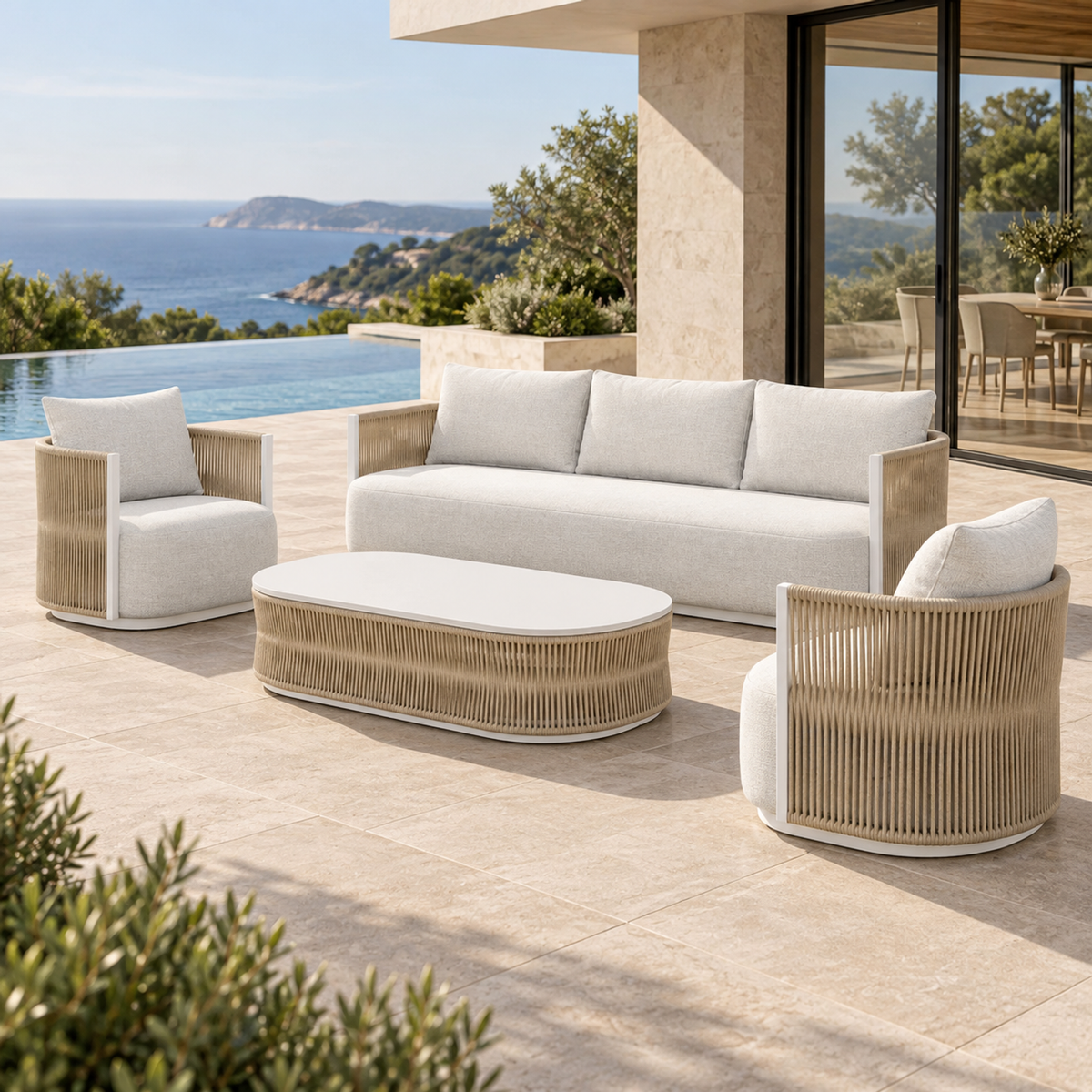 Lifestyle view: Ripple Outdoor Sofa Set in Aluminium, opposite diagonal on a coastal home terrace