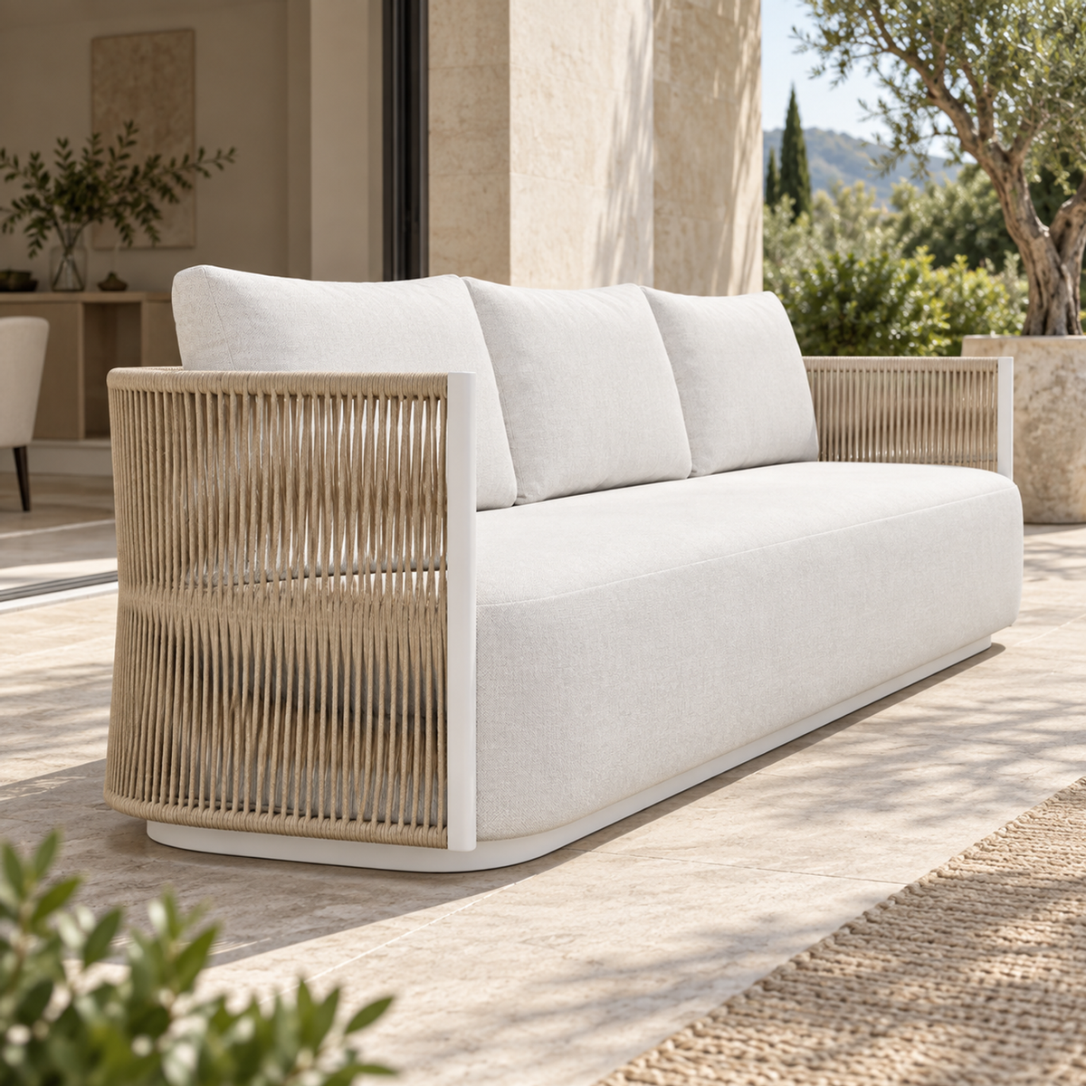 Lifestyle view: Ripple Sofa in Aluminium, strong left-end view beside a furnished home