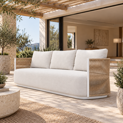 Lifestyle view: Ripple Sofa in Aluminium, right three-quarter view on a planted home terrace