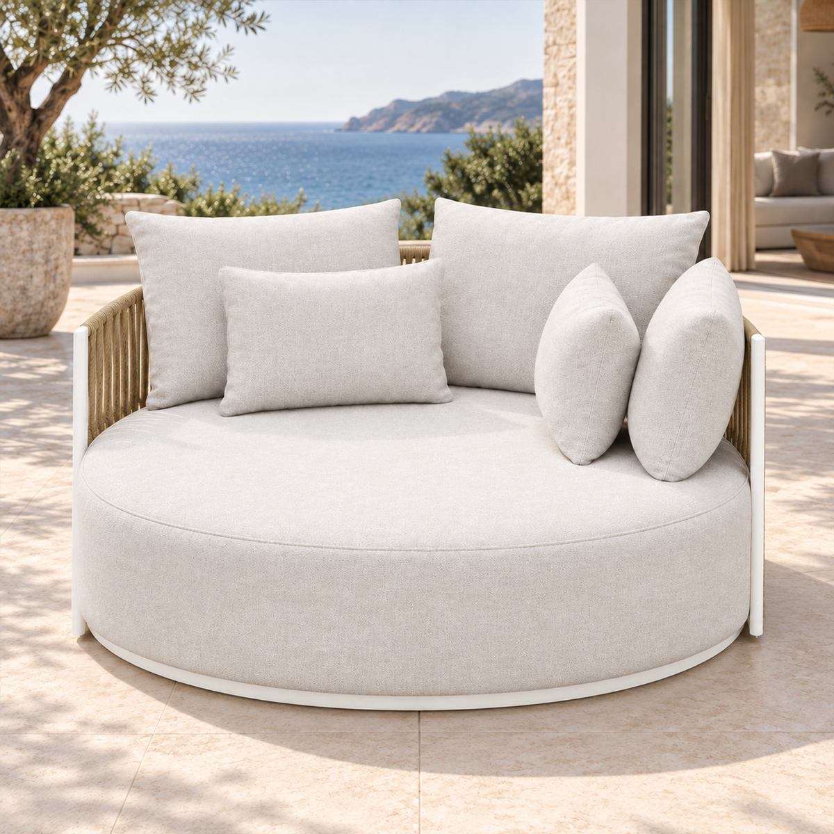 Ripple aluminium sun bed, front view with five cushions on a coastal home terrace