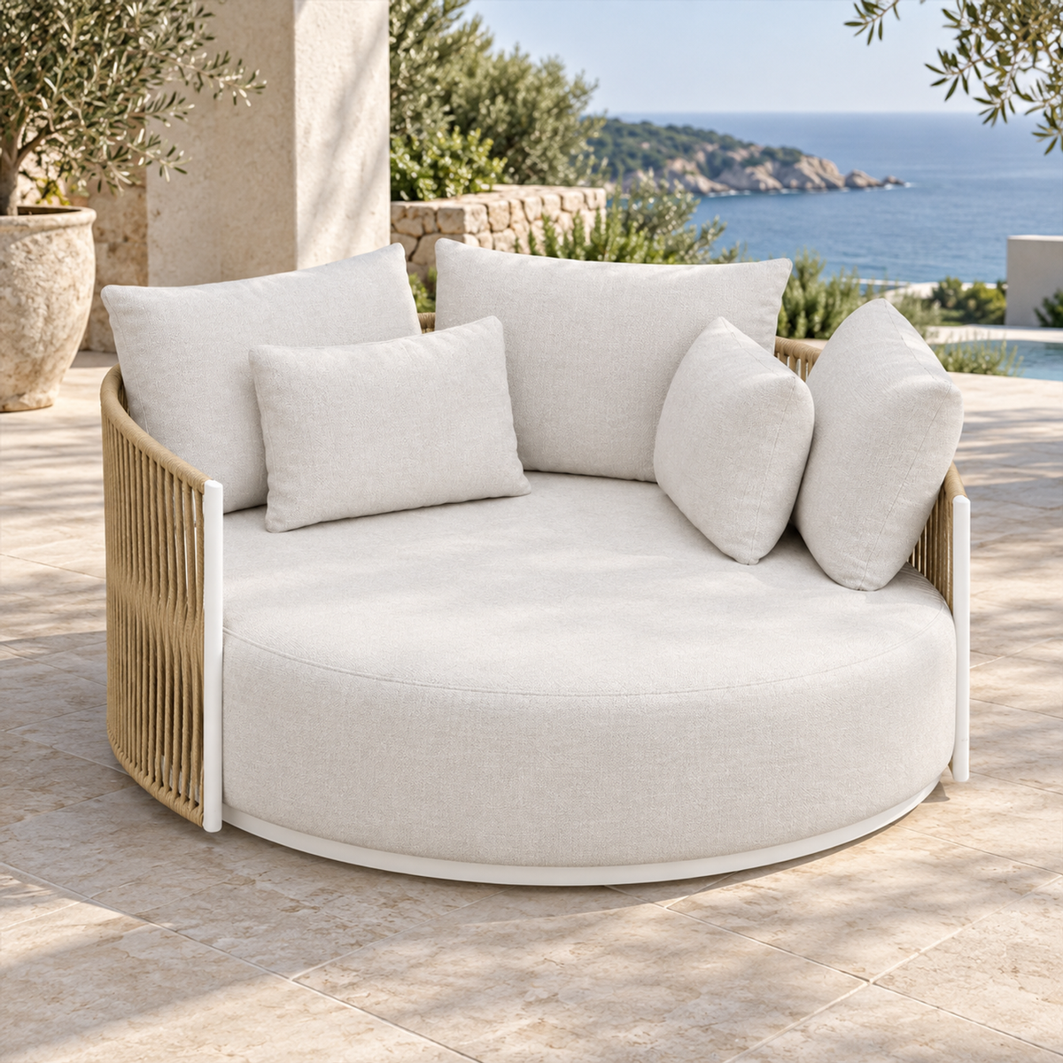 Lifestyle view: Ripple Sun Bed in Aluminium, opposite diagonal on a coastal terrace