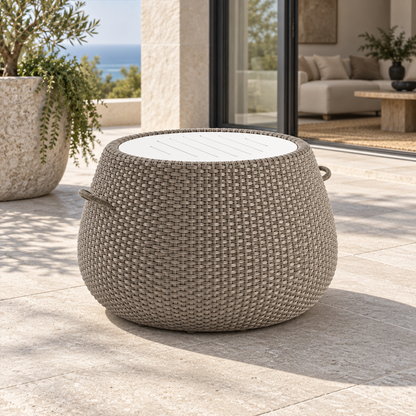 Lifestyle view: Santorini Side Table, photographed in a quiet outdoor courtyard