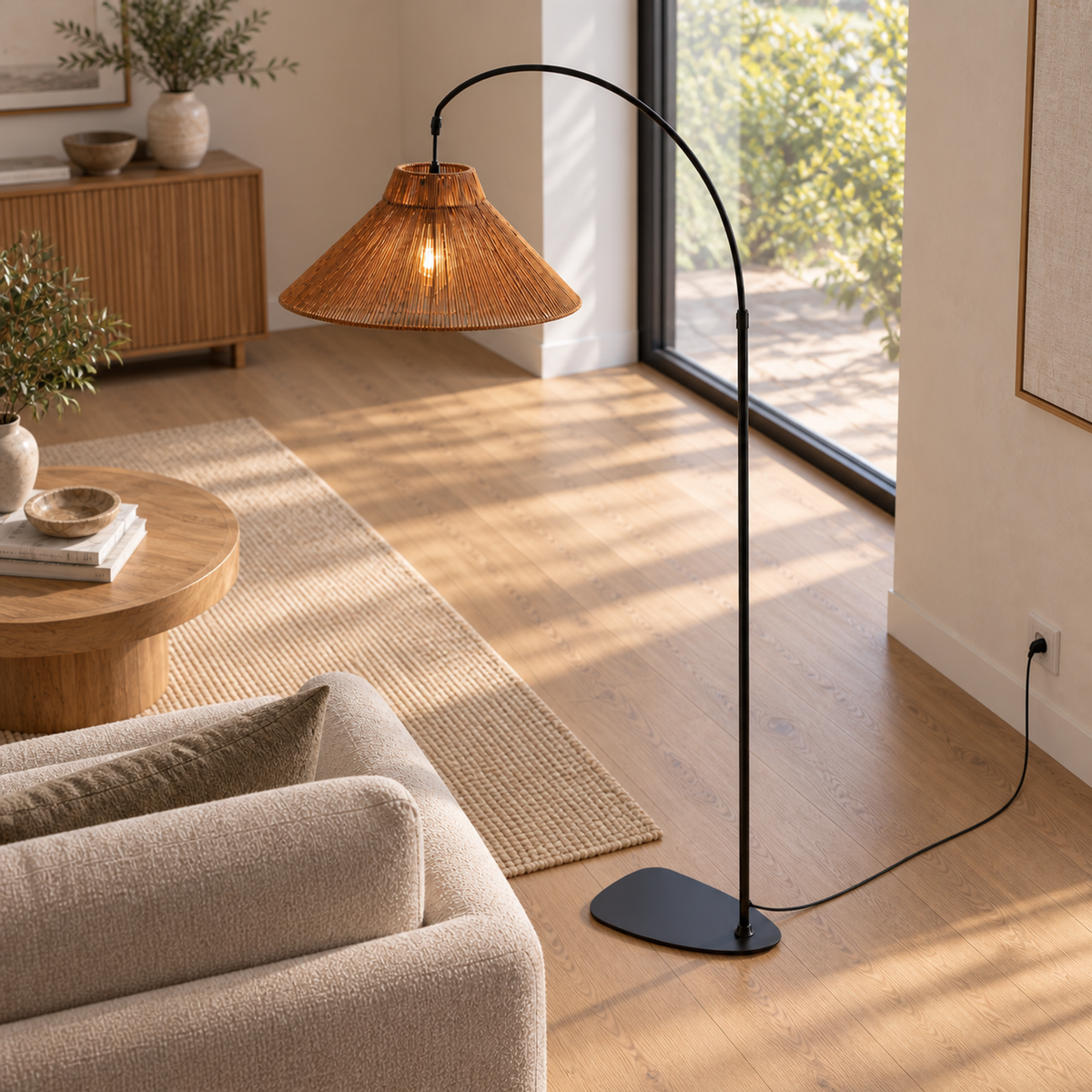 Lifestyle view: Cannella Arc Floor Lamp, Arc in Paper Rope in a furnished setting
