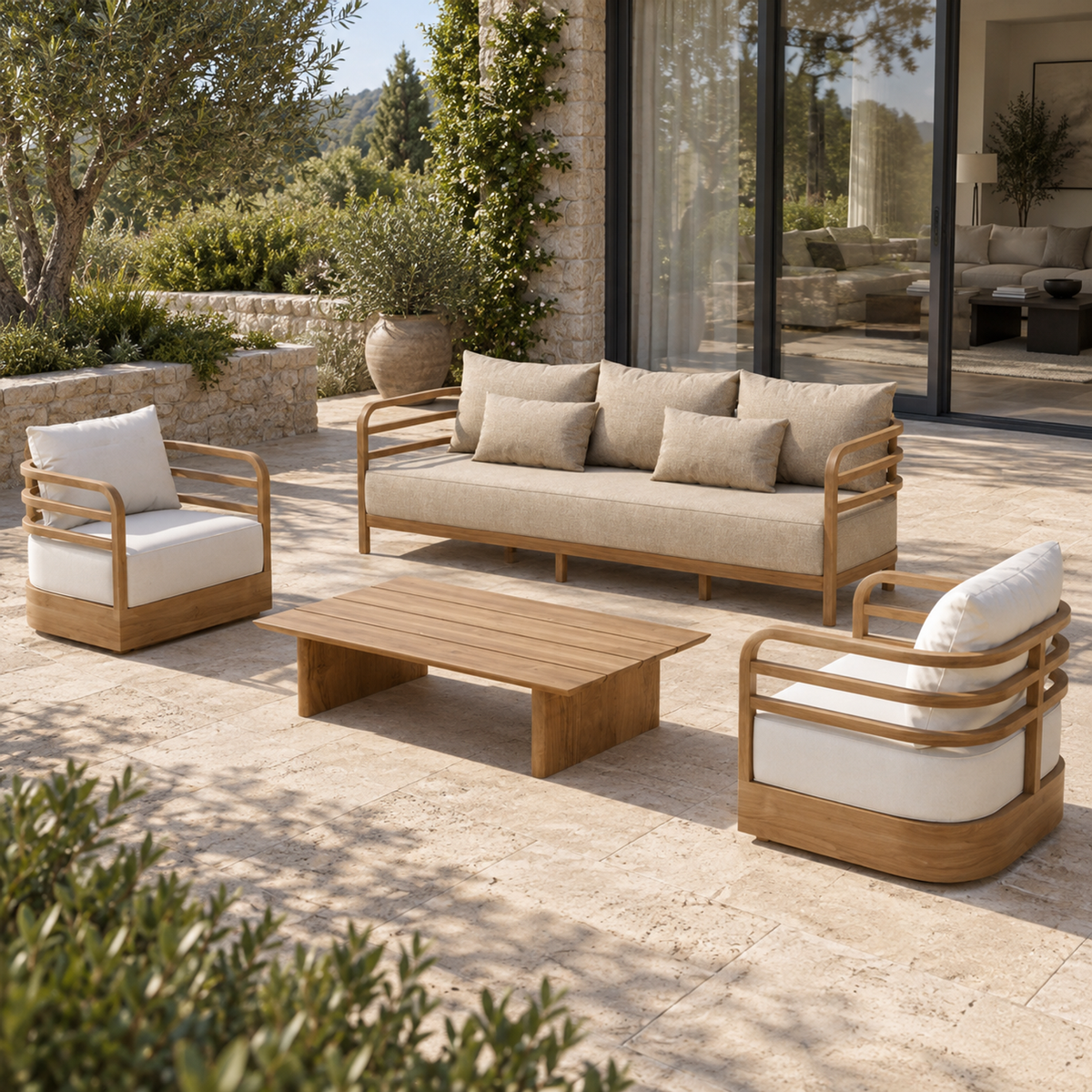 Lifestyle view: Vela Outdoor Sofa Set in Teak on a furnished residential terrace