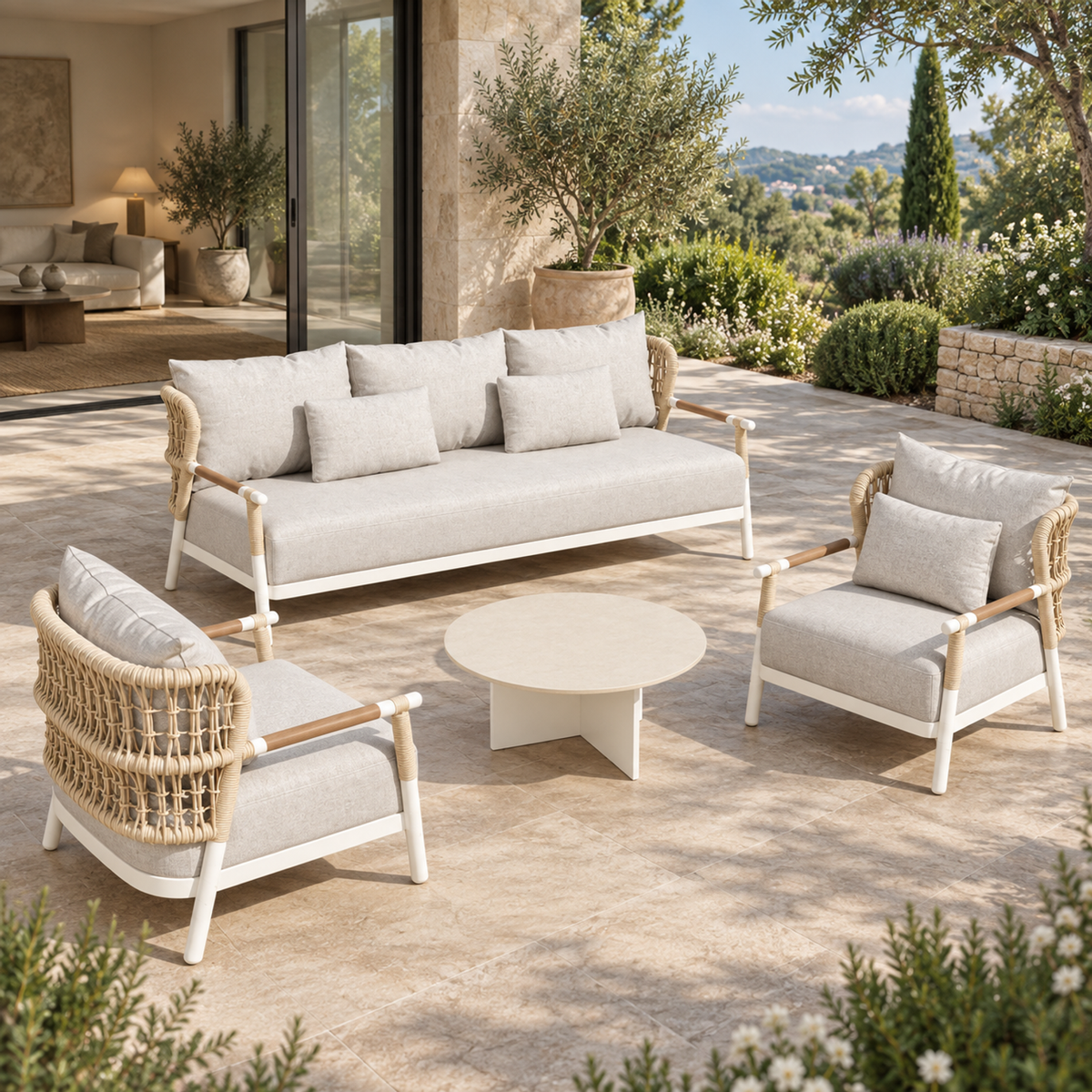 Lifestyle view: Vela Outdoor Sofa Set in Aluminium