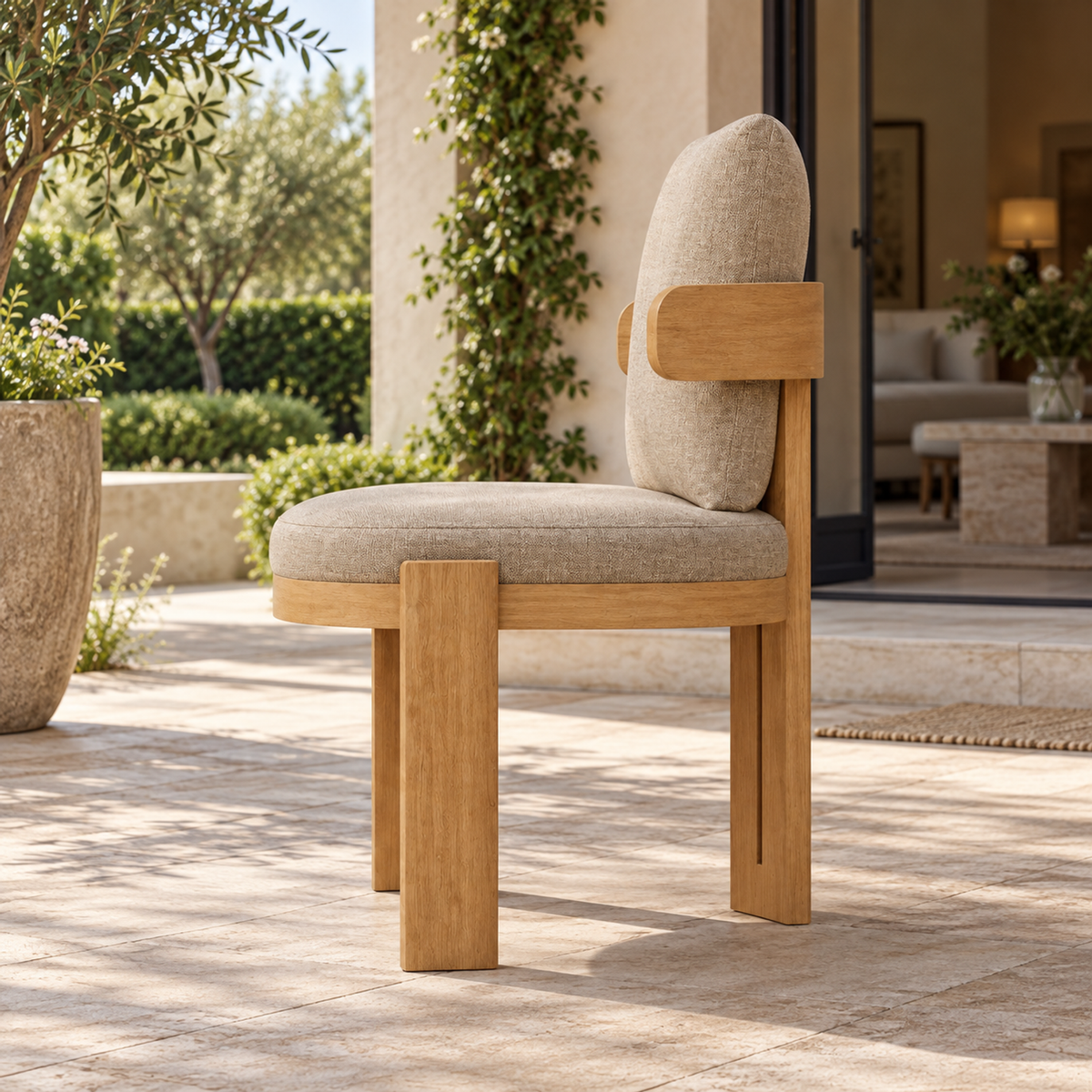 Serein teak dining chair, left side view on a furnished home terrace