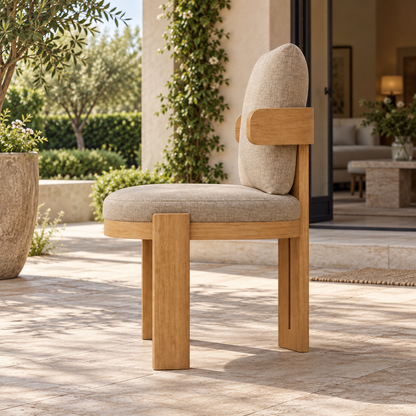 Serein teak dining chair, left side view on a furnished home terrace