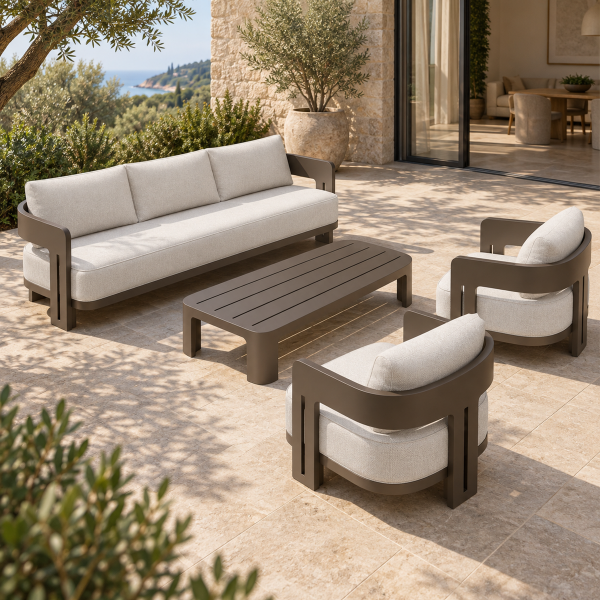 Serein aluminium sofa set, left diagonal on a furnished coastal home terrace