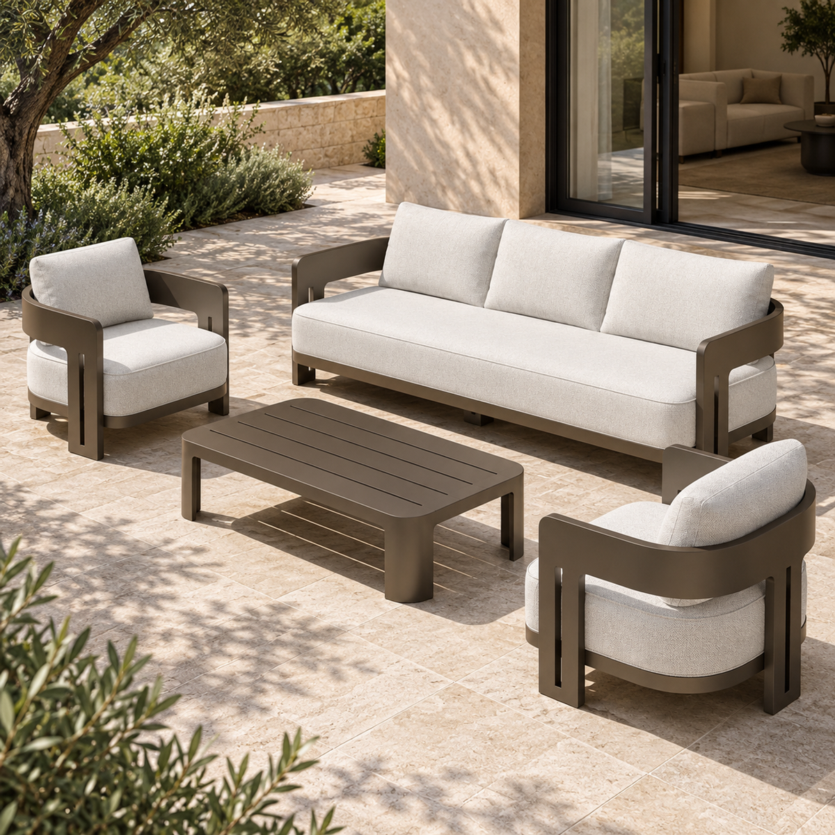 Lifestyle view: Serein aluminium sofa set, opposite diagonal beside a furnished home