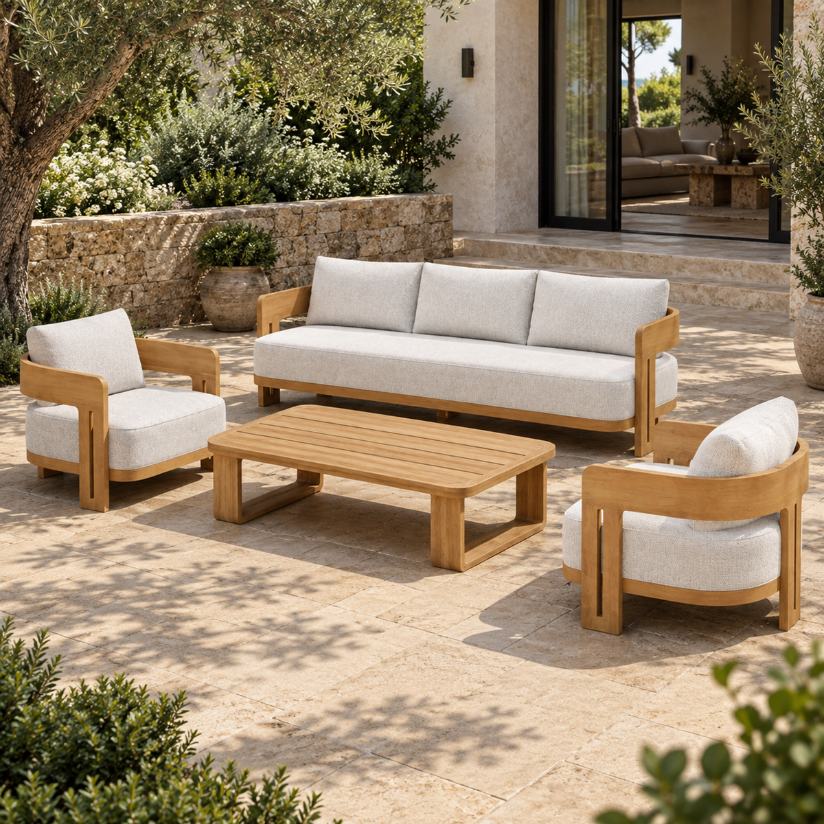 Lifestyle view: Serein teak sofa set, elevated diagonal on a planted home terrace