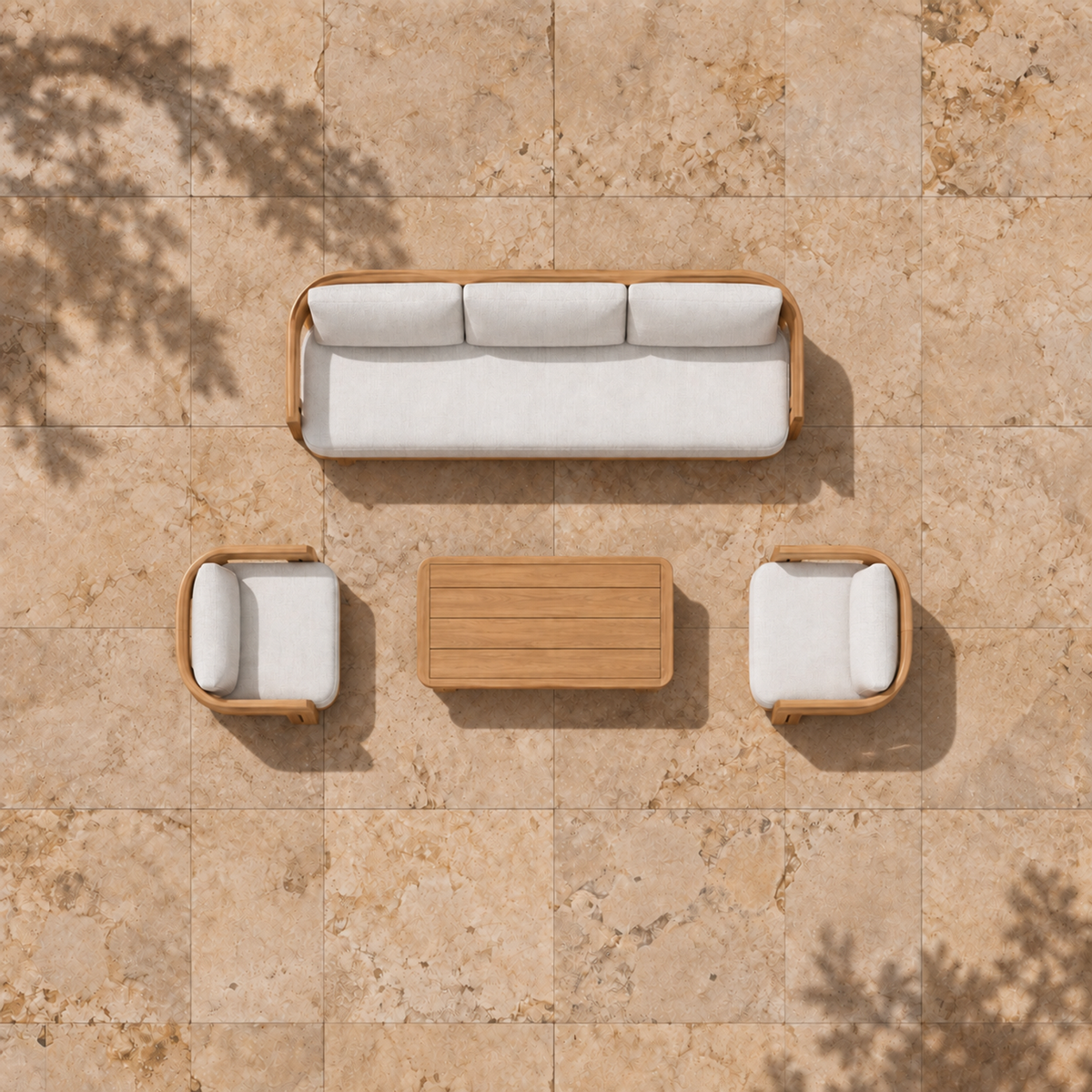 Serein teak sofa set, overhead view on a stone home terrace