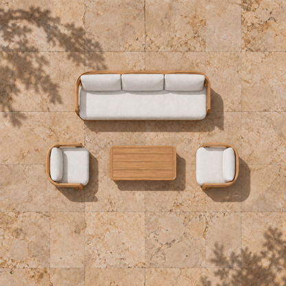 Serein teak sofa set, overhead view on a stone home terrace