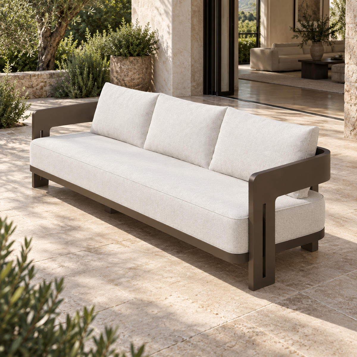 Serein aluminium sofa, right diagonal view on a furnished home terrace