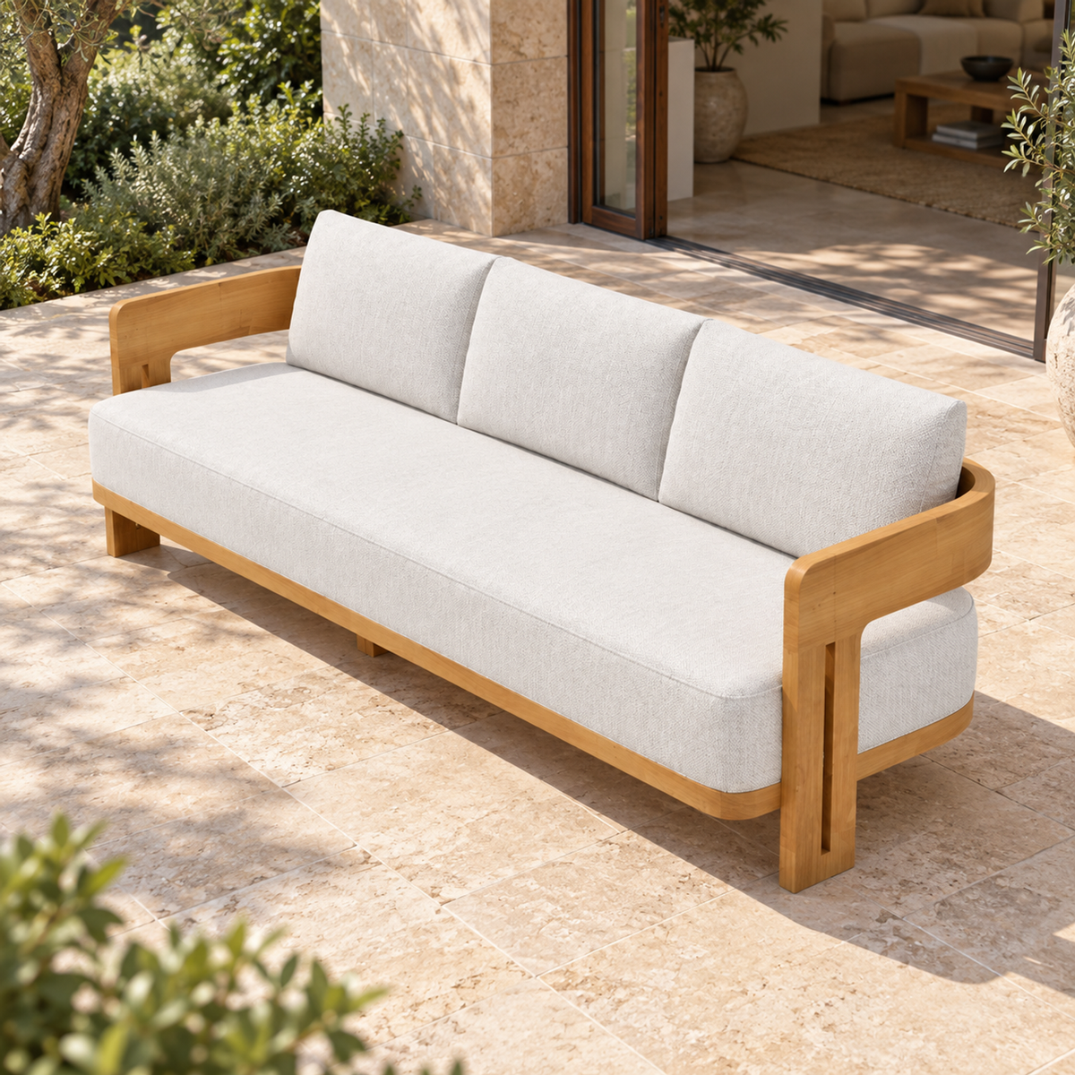 Serein teak sofa, elevated right diagonal on a home terrace