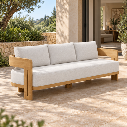 Lifestyle view: Serein teak sofa, left diagonal on a furnished garden terrace