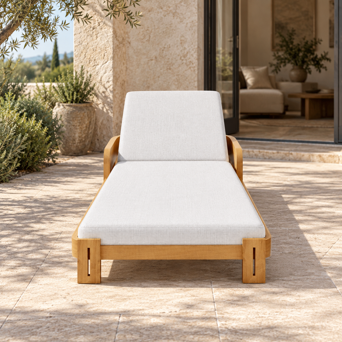 Serein teak sun lounger, straight foot-end view on a home terrace