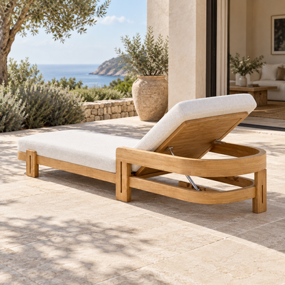 Serein teak sun lounger, rear diagonal on a furnished coastal terrace