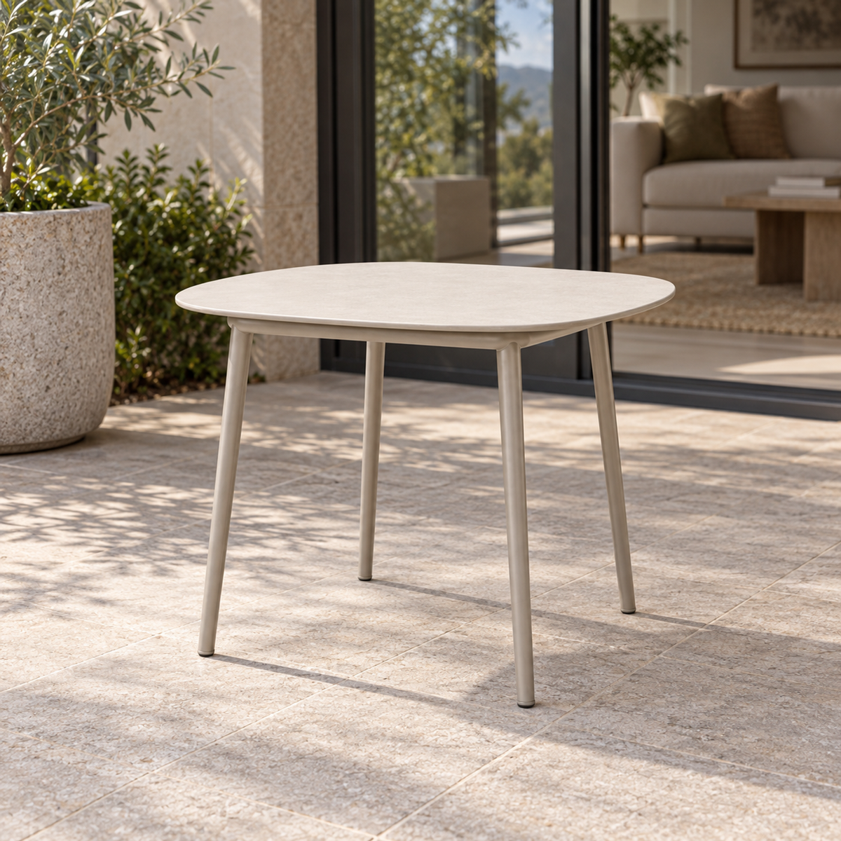 Lifestyle view: Tavira compact ivory coffee table on a pale grey metal base, photographed in a limestone courtyard