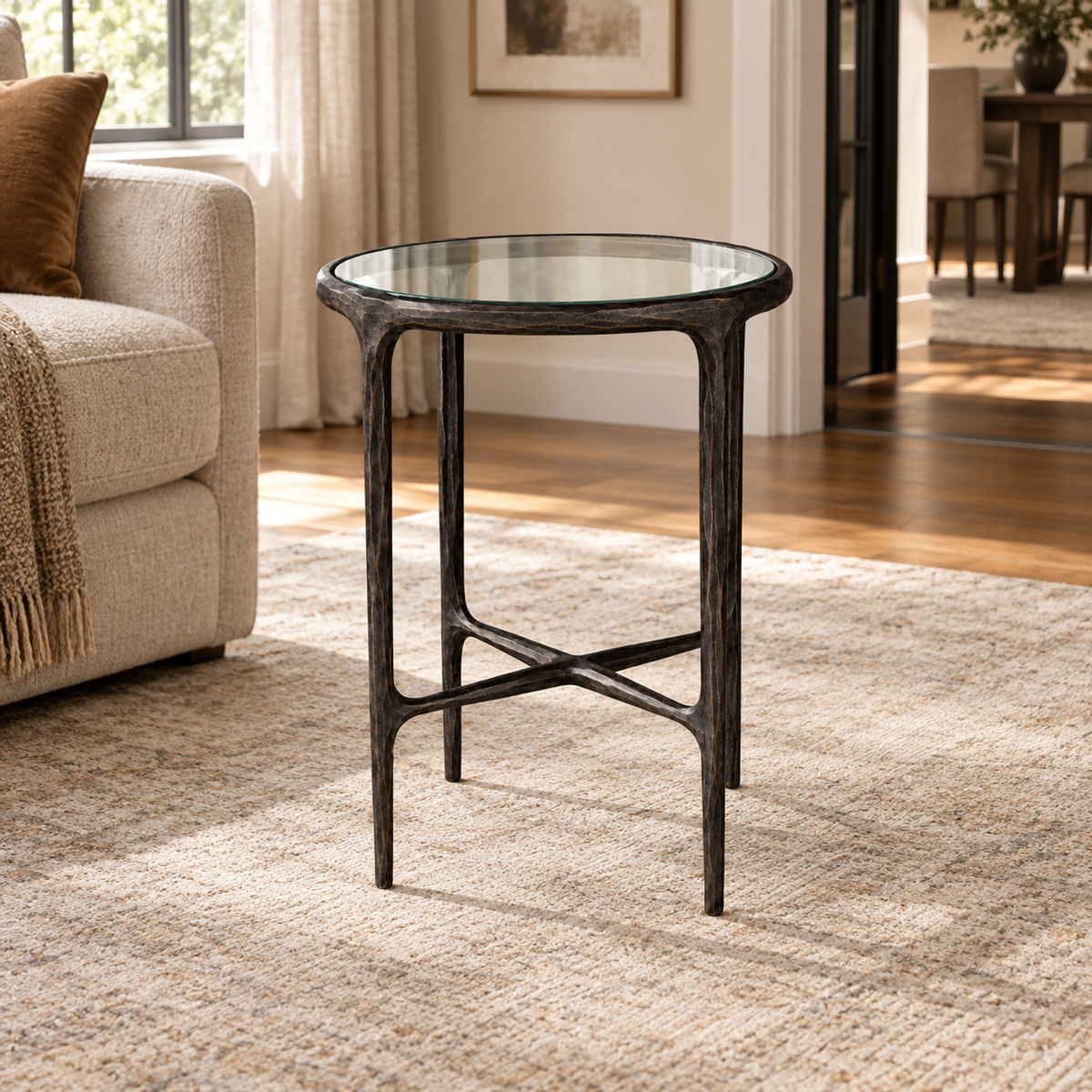 Lifestyle view: Thaddeus Glass Round Side Table, photographed in a quiet interior