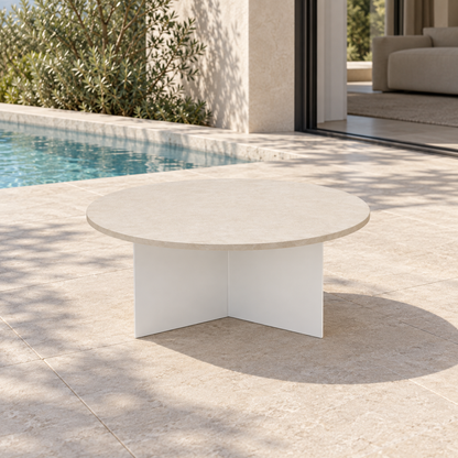 Lifestyle view: Vela Coffee Table in Aluminium, photographed on a furnished outdoor terrace