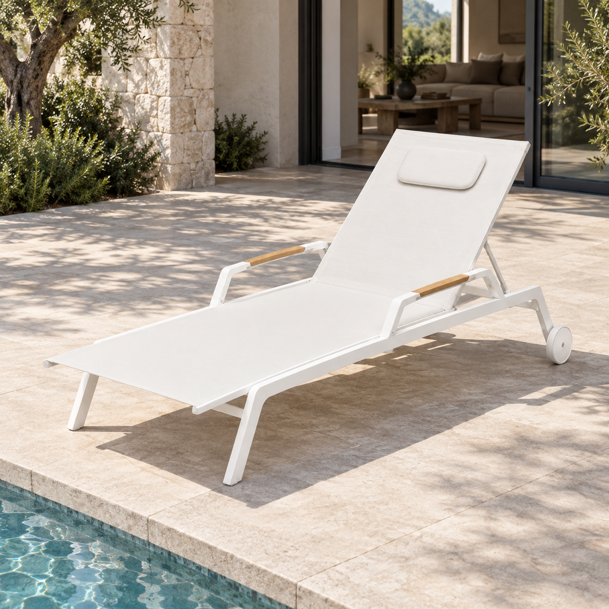 Lifestyle view: Vela aluminium poolside sun lounger, opposite diagonal view on a home terrace