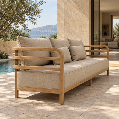 Vela teak sofa, side view on a home terrace
