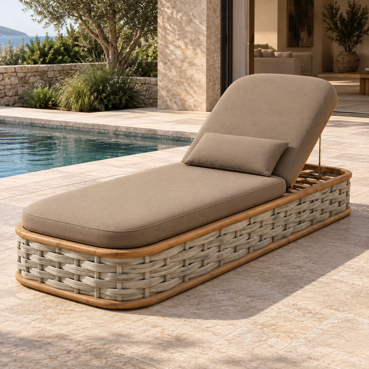 Vela woven teak sun lounger, opposite diagonal view on a home terrace