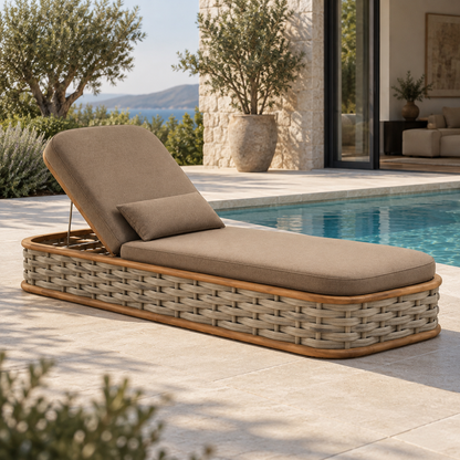 Vela woven teak sun lounger, side view on a pool terrace