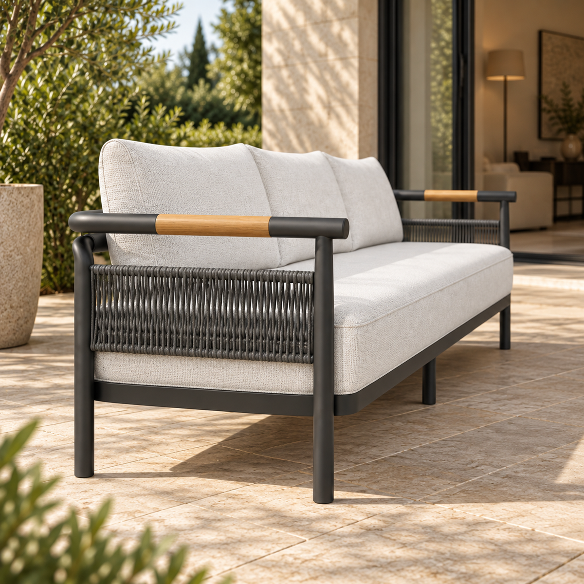 Zenia aluminium sofa, close end view beside a furnished home