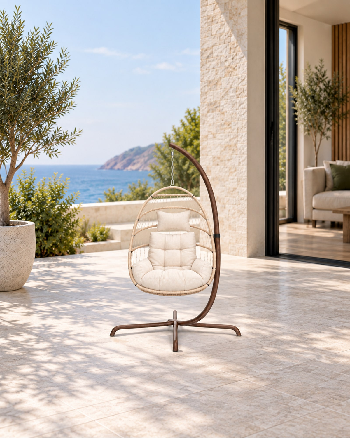 Corda Hanging Chair with Stand in a styled setting