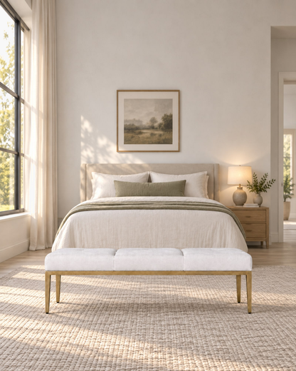 Emi Tufted Bench — Aged Brass in a styled setting