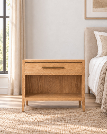 French Contemporary Open Nightstand in a styled setting
