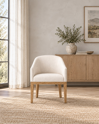 Morgan Barrelback Slope Arm Fabric Dining Armchair in a styled setting