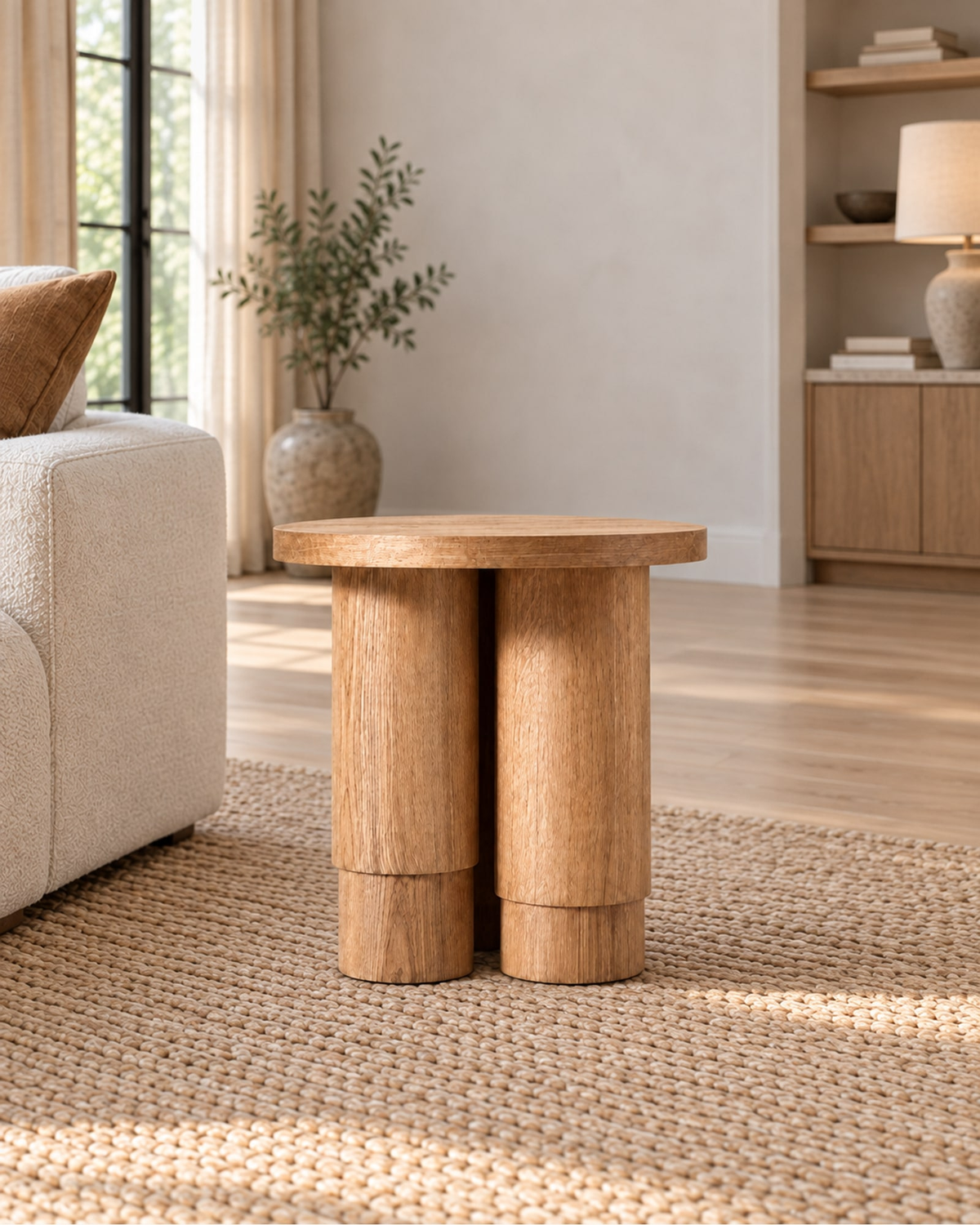 Oak Tropez Round Pedestal Side Table in a styled setting