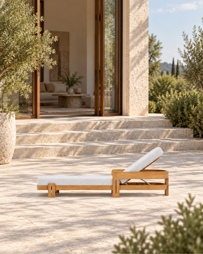 Serein Sun Lounger in Teak in a styled setting