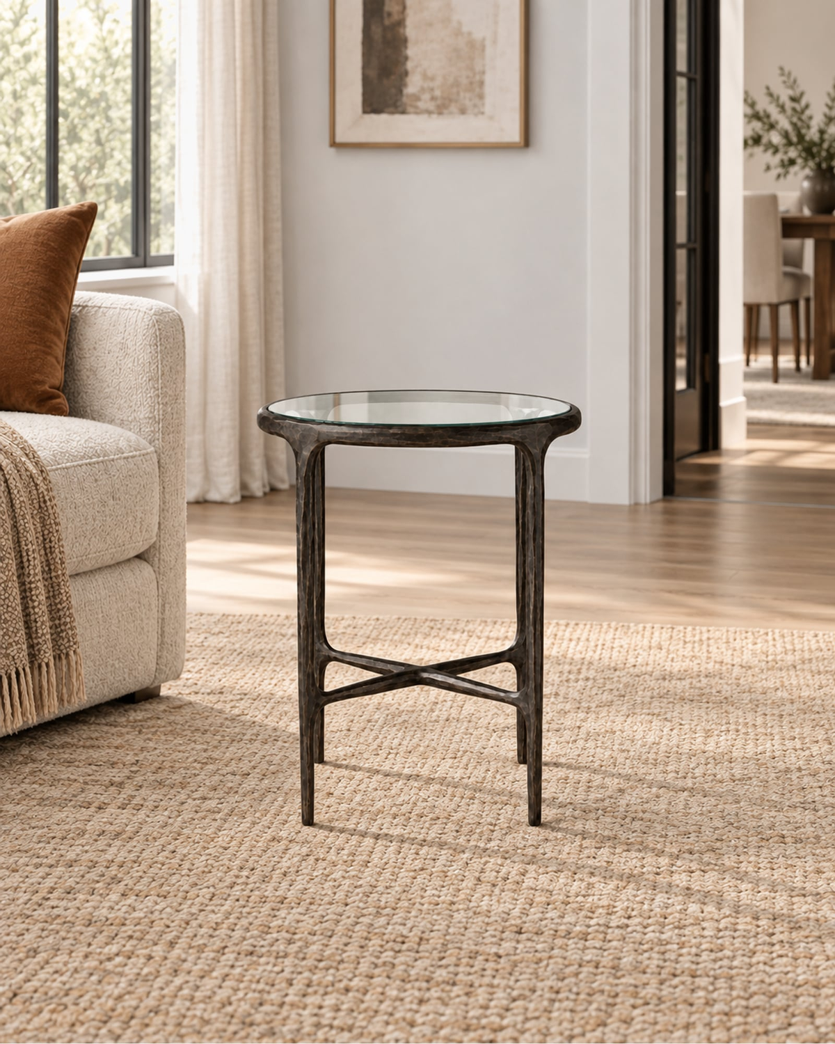 Thaddeus Glass Round Side Table in a styled setting