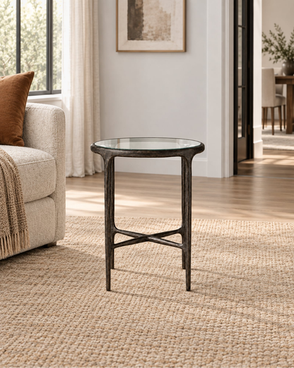 Thaddeus Glass Round Side Table in a styled setting