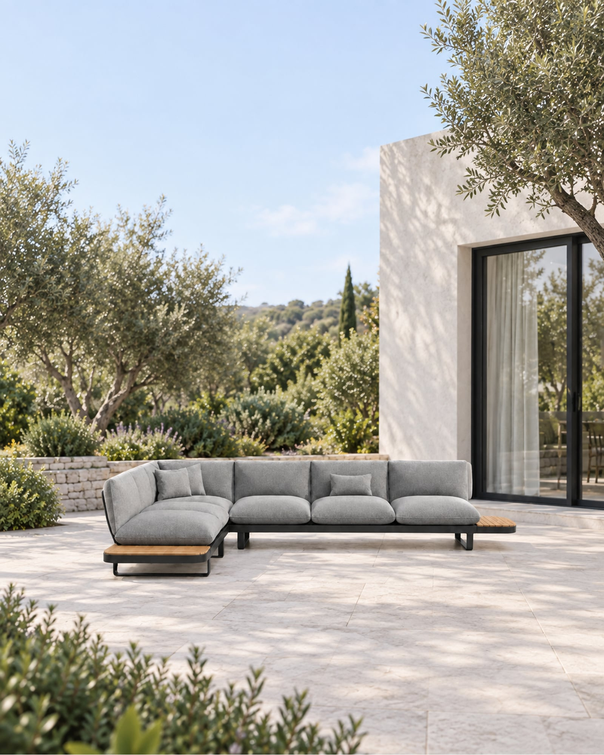 Vela Modular L-Sectional in Aluminium in a styled setting