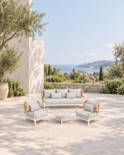 Vela Outdoor Sofa Set in Aluminium in a styled setting