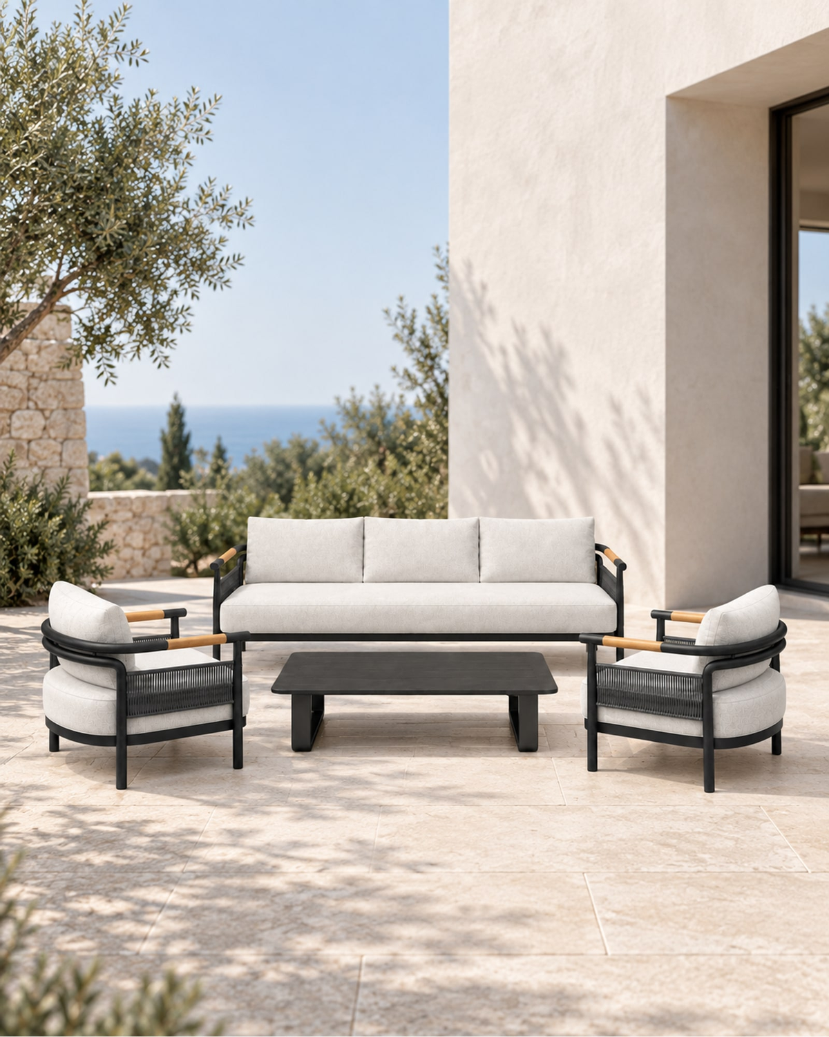 Zenia Outdoor Sofa Set in Aluminium in a styled setting
