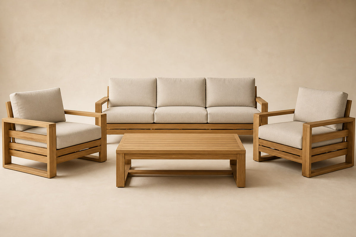 Vela Outdoor Sofa Set in Teak — side elevation, studio