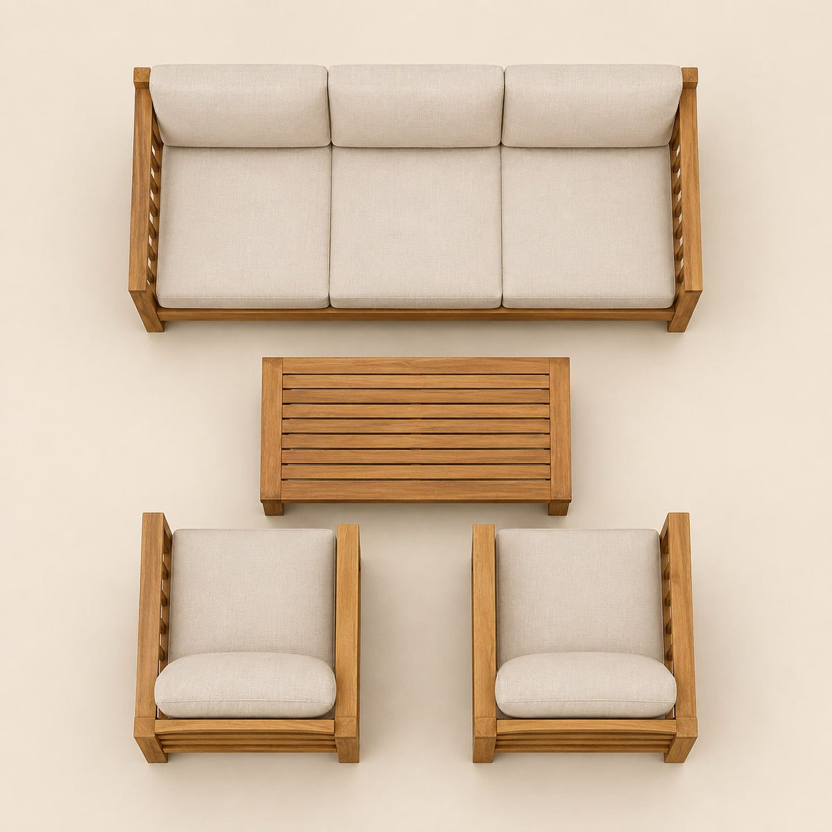 Vela Outdoor Sofa Set in Teak — overhead view, studio